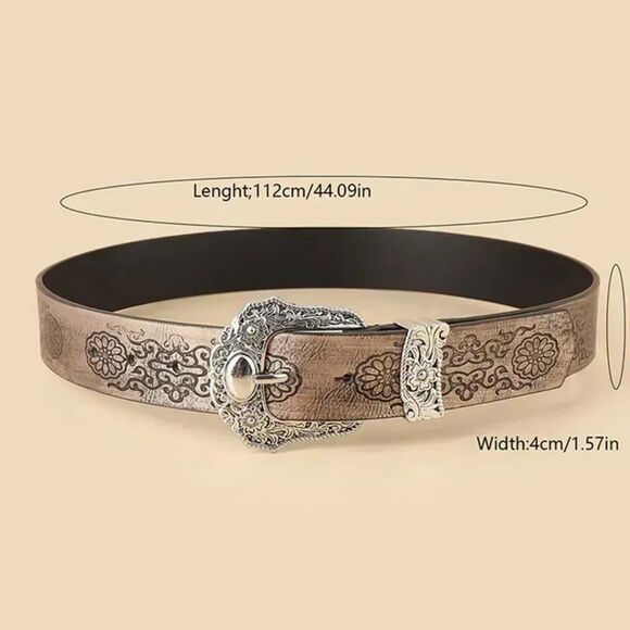 Vintage-Style Western Belt | Rustic Neutral w/ Buckle & Embossed Detail - Picture 2 of 3